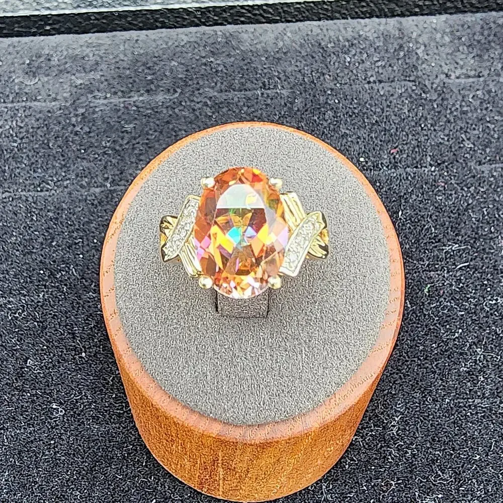 Vintage Fire Mystic Topaz Diamond 14k Yellow Gold Cocktail Ring 8 - Picture 8 of 9